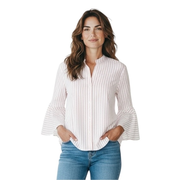 Chaps Tops - CHAPS‎ Bell Sleeve Button Down Women’s Blouse, Linen&Cotton, Red/White, Large